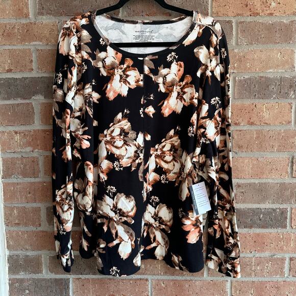 Westbound Tops - Westbound Woman Long sleeve Floral Black Blouse Size 2X